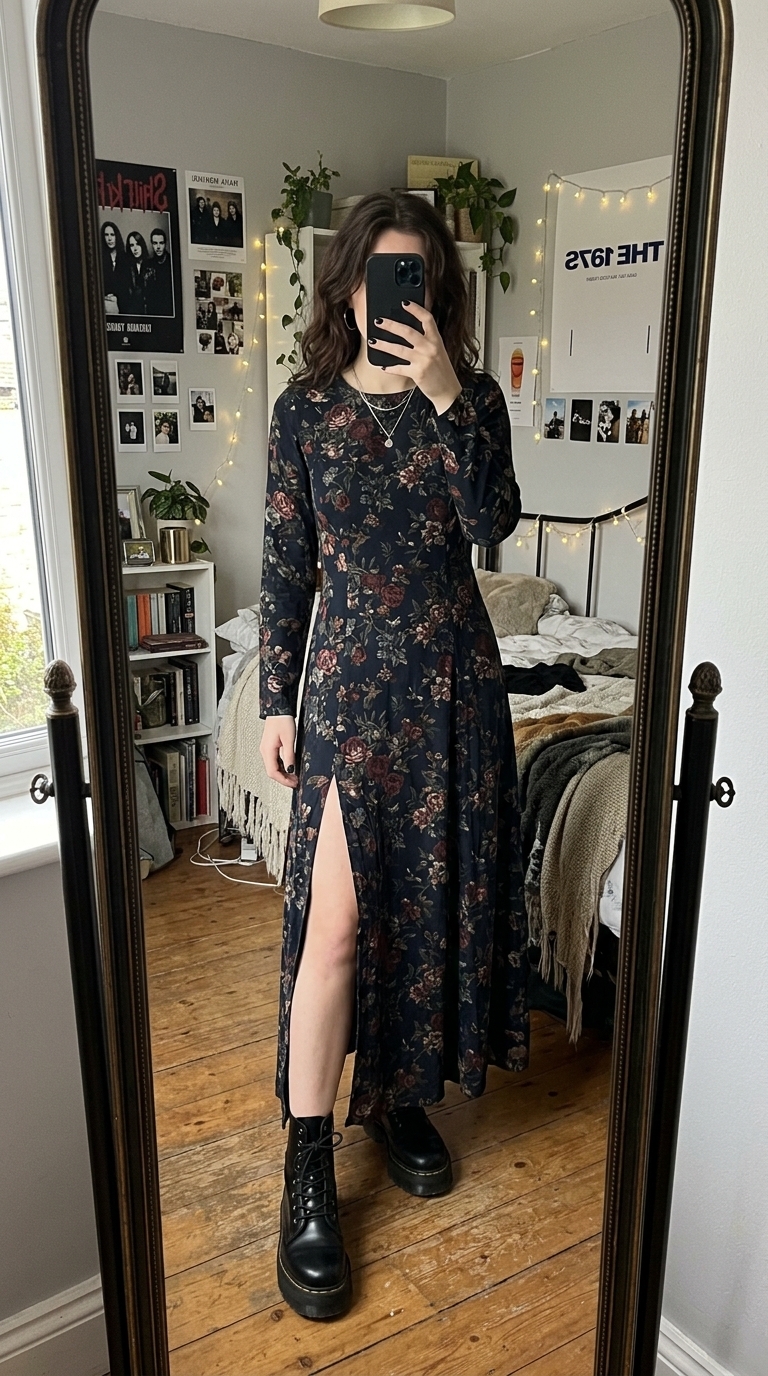 1. The Edgy Floral Maxi with Combat Boots
