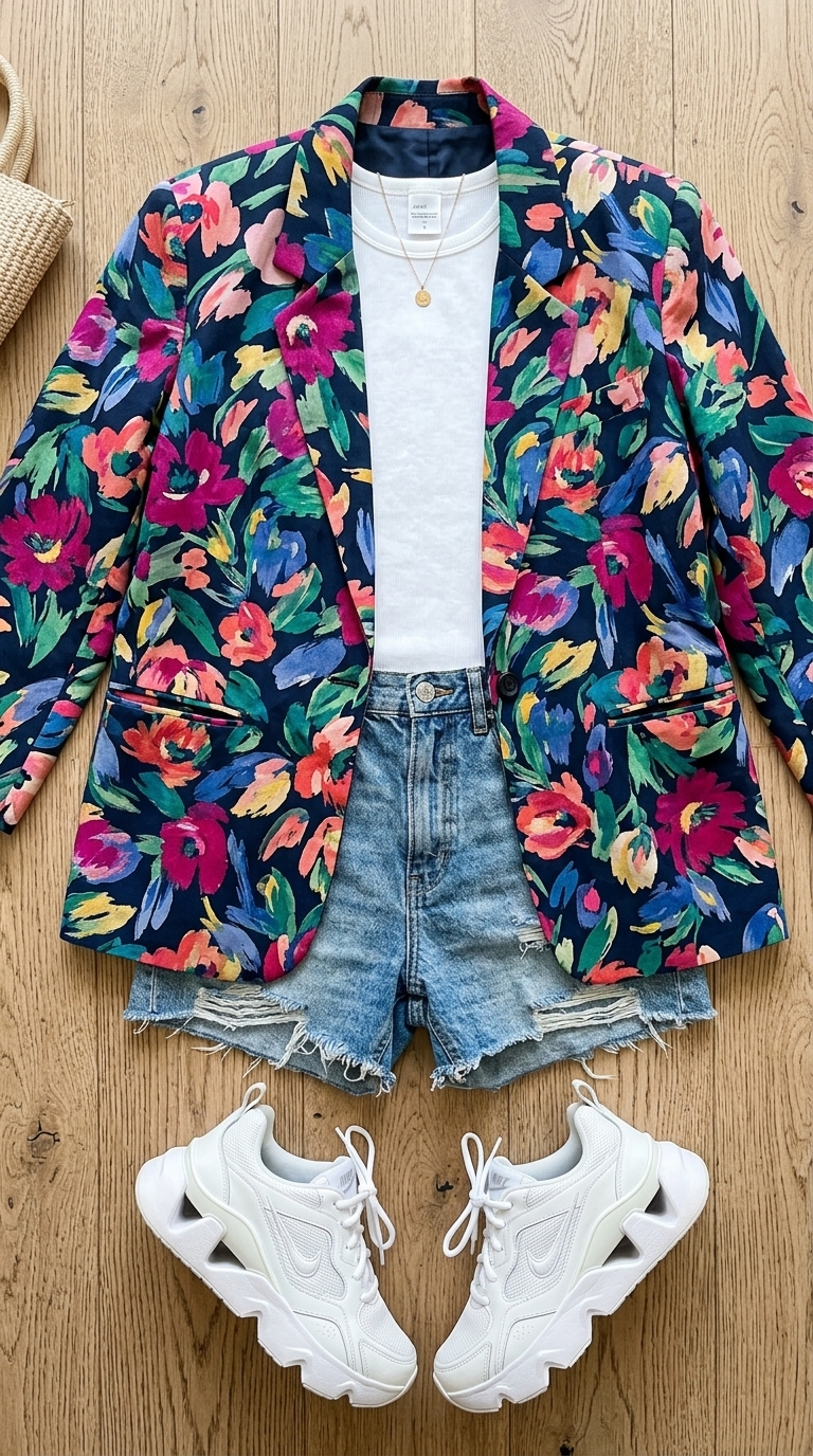 2. Floral Blazer + Denim Shorts Combo
