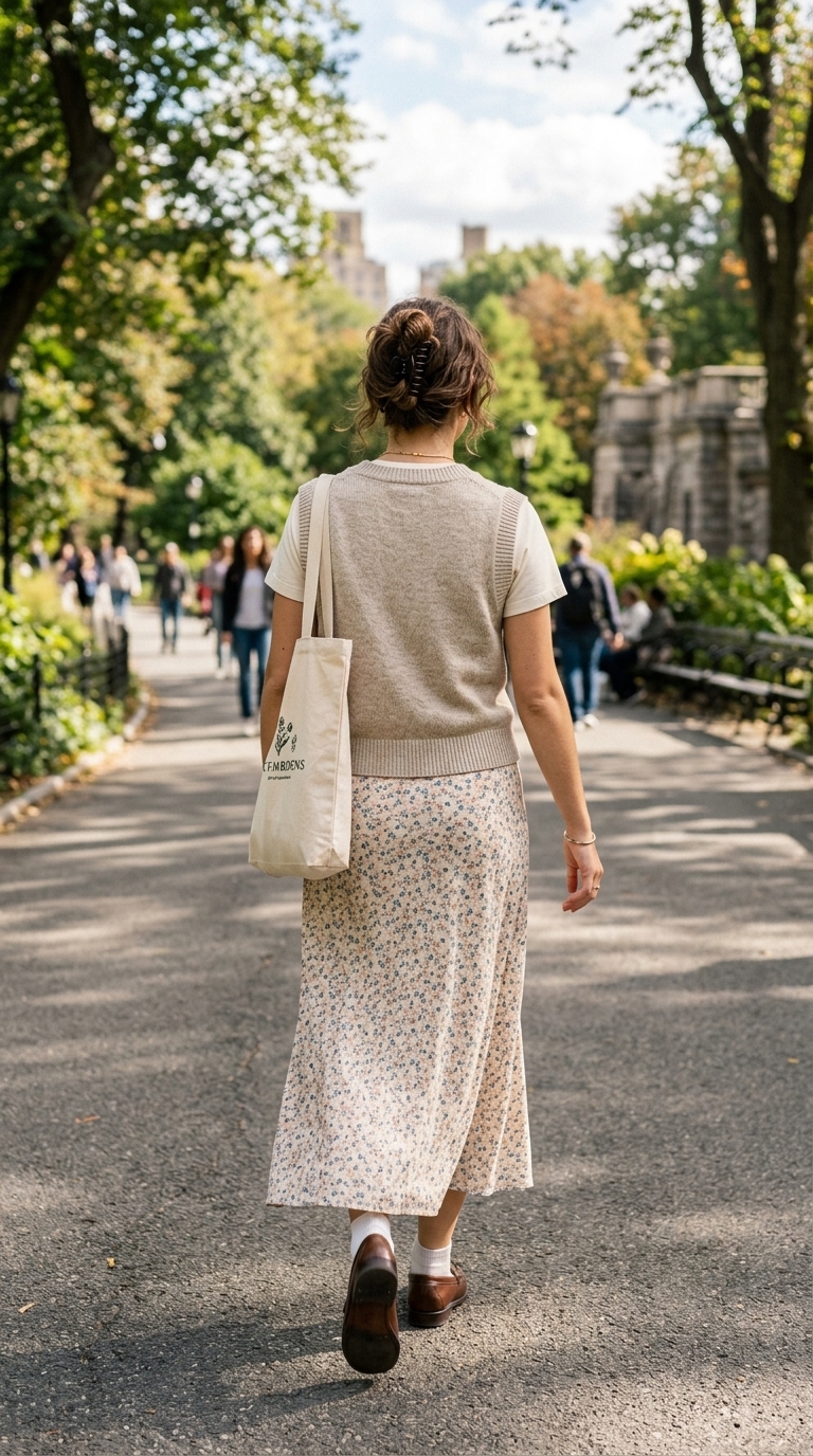 3. Minimalist Floral Skirt with a Knit Vest
