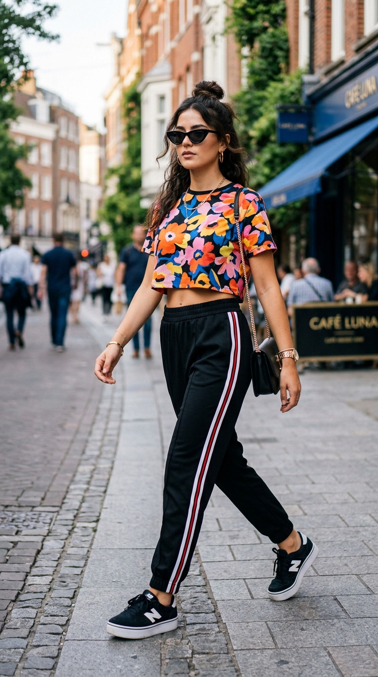 4. Sporty Florals: Track Pants & Floral Top