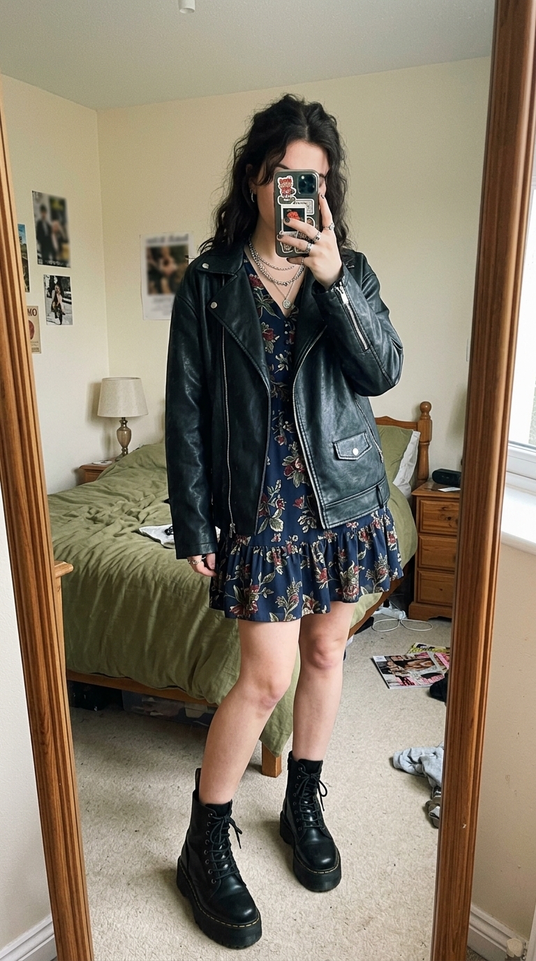 5. Dark Floral Dress with a Leather Jacket