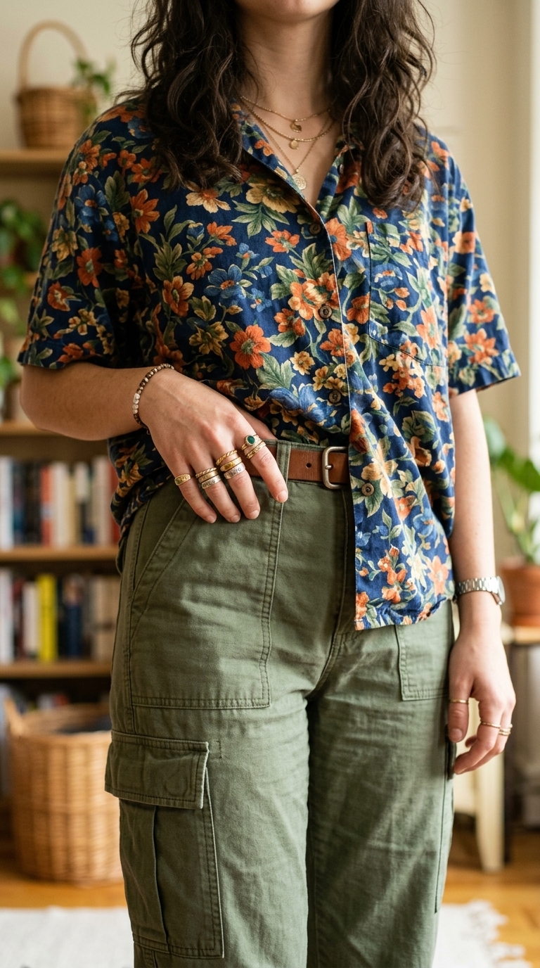 8. Vintage-Inspired Floral Top & Cargo Pants