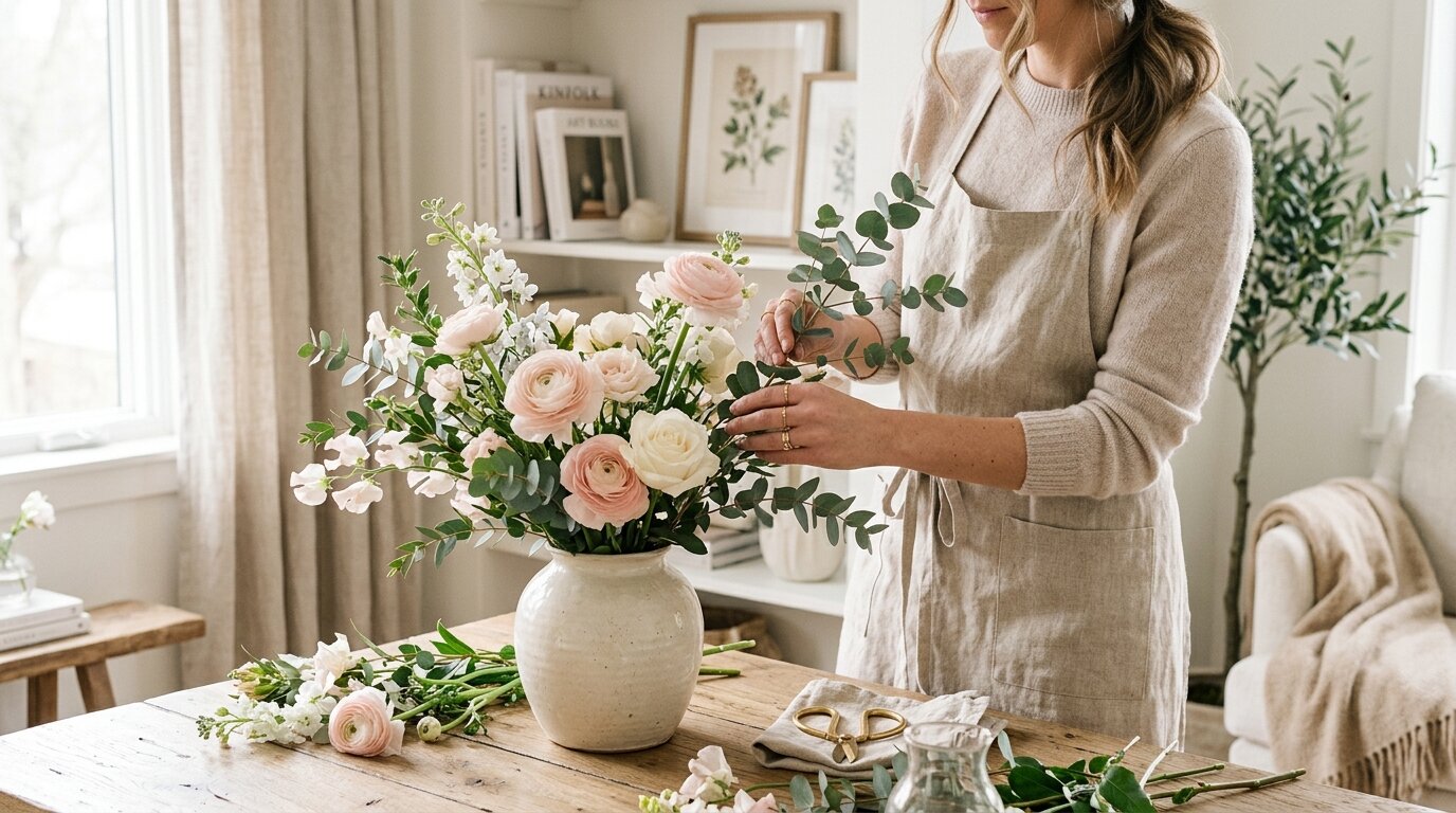 hands styling flowers