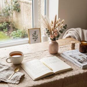 writing desk with tea