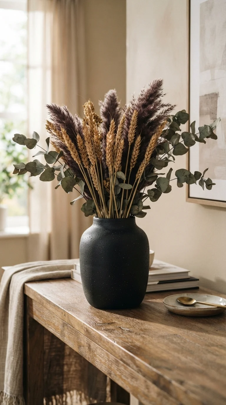 1. Dried Floral Arrangements in Matte Black Vases