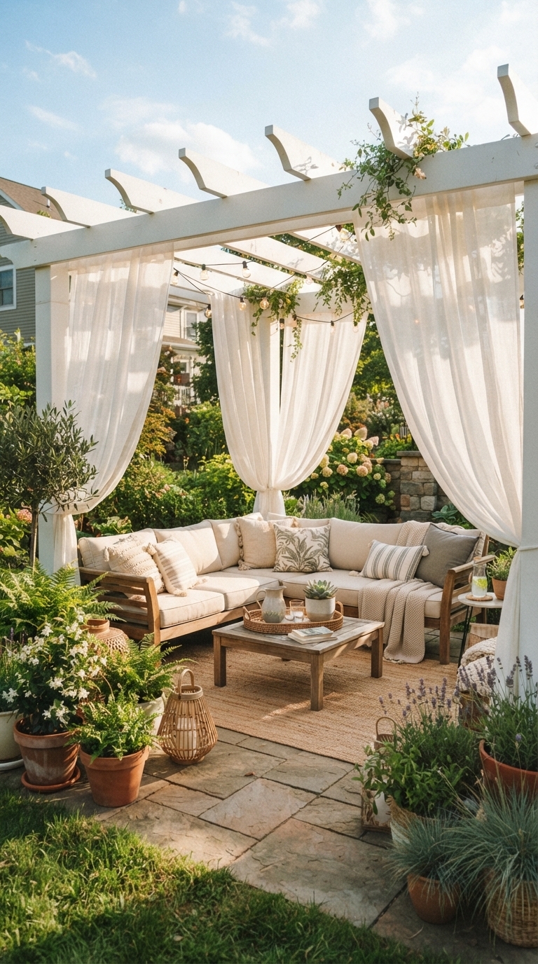 1. Embrace a Classic Pergola with Sheer Drapes