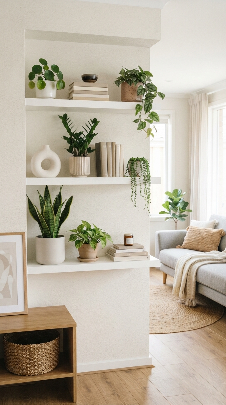 1. Layered Greenery on Open Shelves