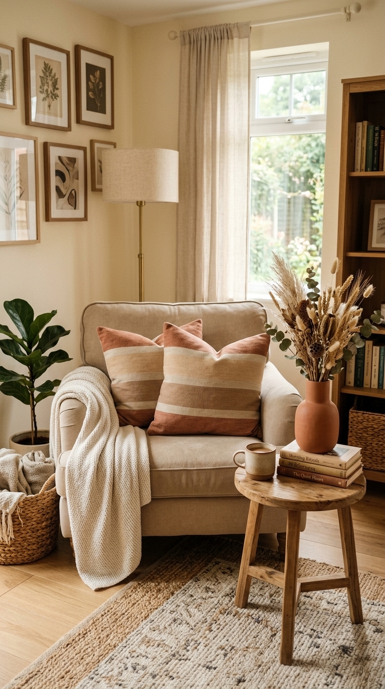 2. Create a Cozy Living Nook with Earthy Terracotta and Warm Beige Stripes