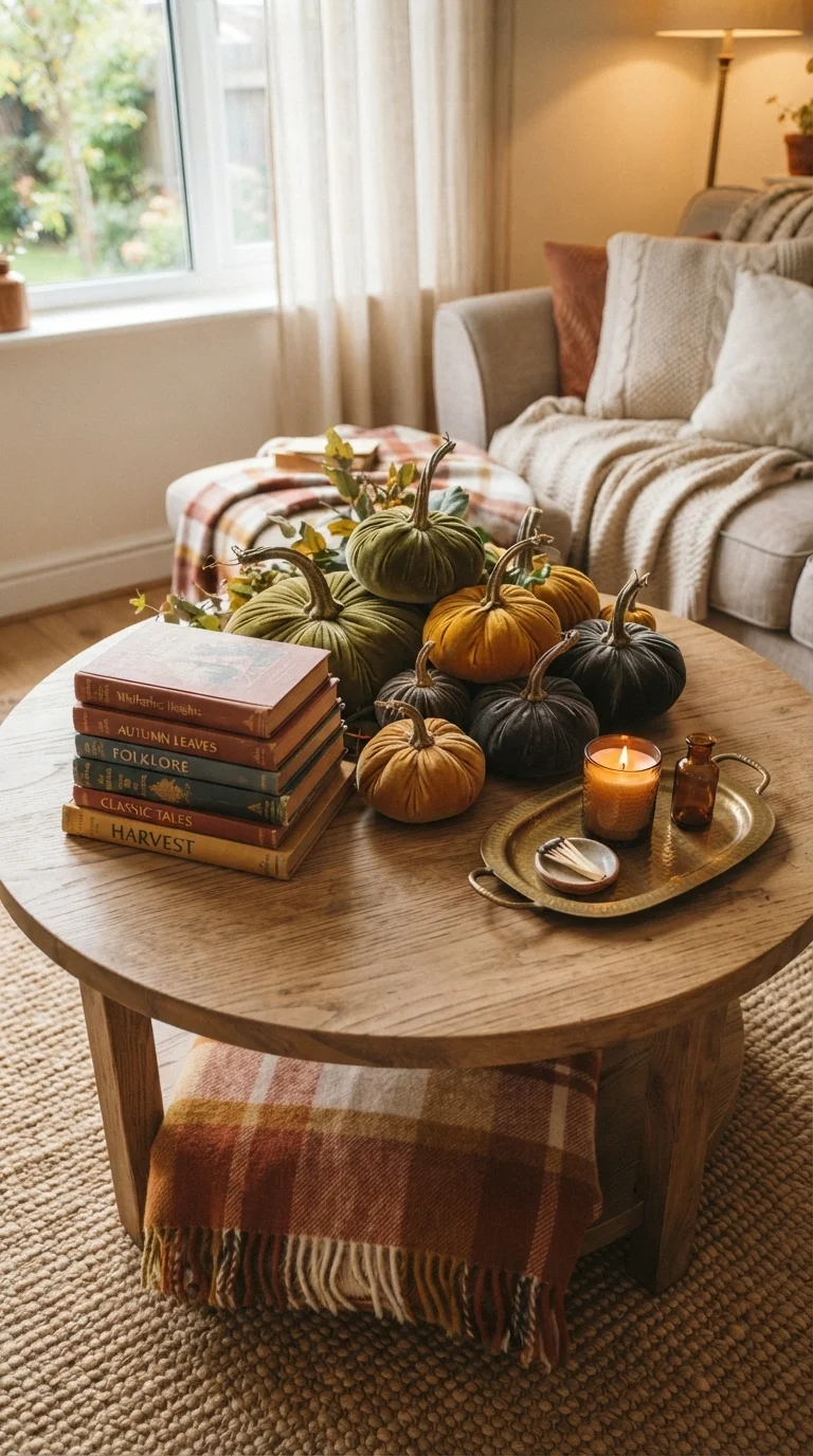 2. Velvet Pumpkin Clusters on the Coffee Table