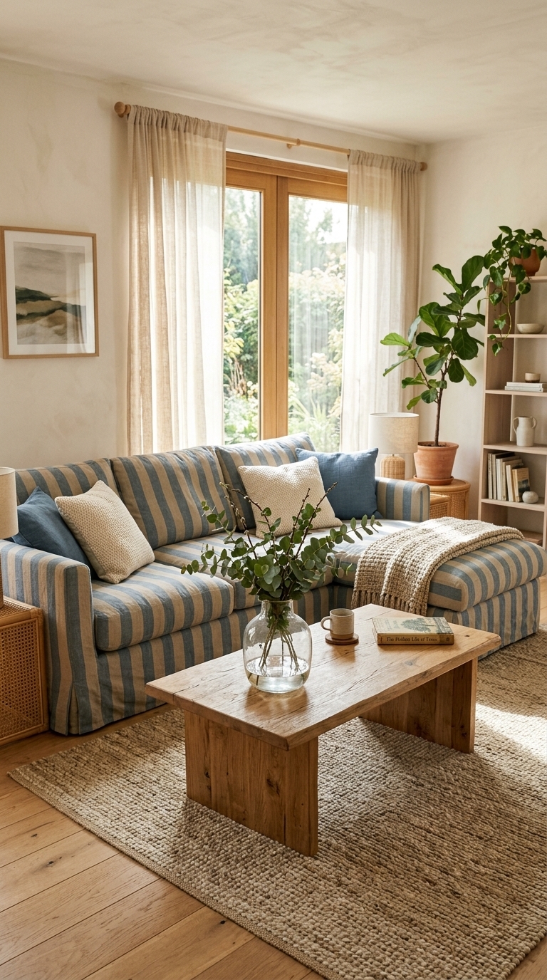 3. Bring Coastal Calm with Muted Blues and Sandy Neutral Stripes