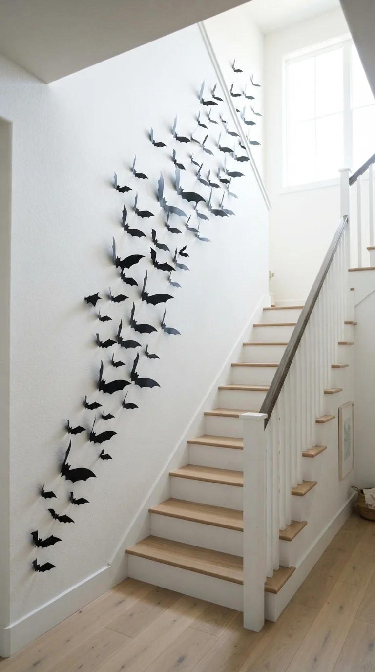 3. Floating Black Paper Bats on the Staircase