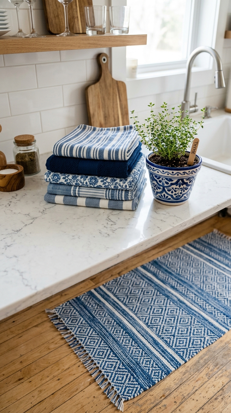 4. Textile Touches: Blue Dish Towels & Rugs