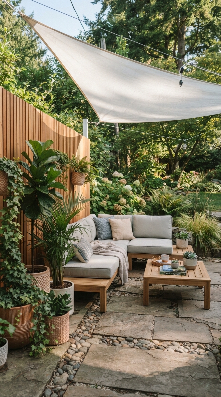 5. Build a Relaxing Escape with a Privacy Screen & Shade Sail Combo
