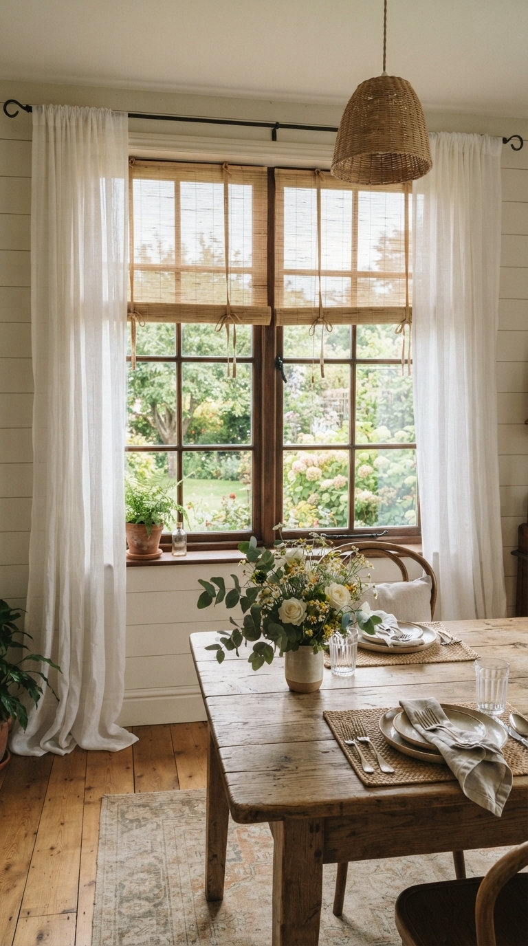 5. Layered Bamboo Blinds with Sheer Panels for Texture
