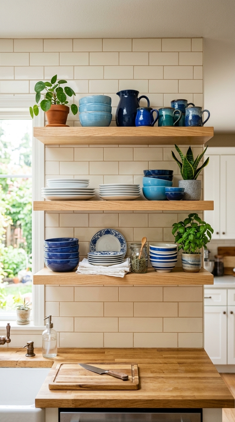 5. Open Shelving with Blue Dinnerware