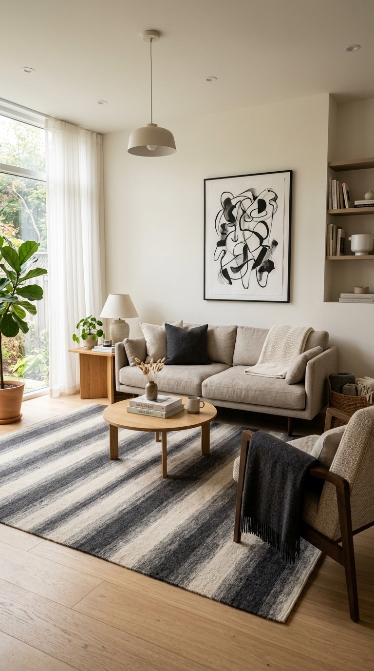6. Achieve Modern Warmth with Charcoal and Oatmeal Striped Rugs