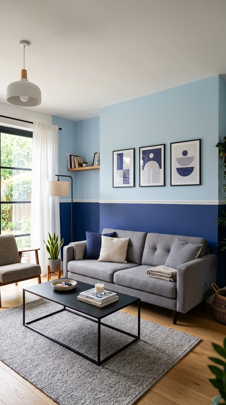 9. Make a Statement with Two-Tone Blue Walls