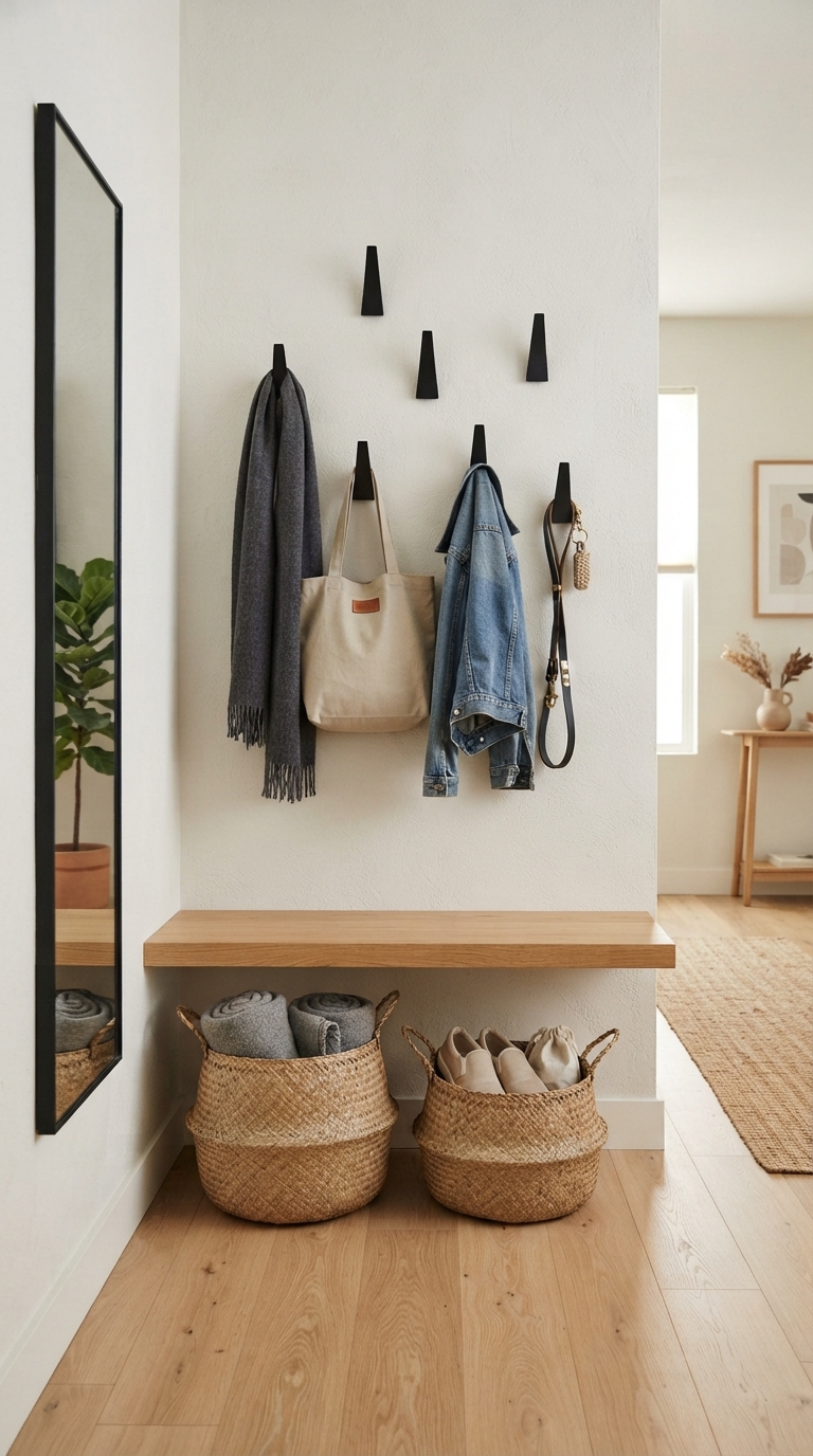 9. Use Minimalist Wall Hooks & Baskets